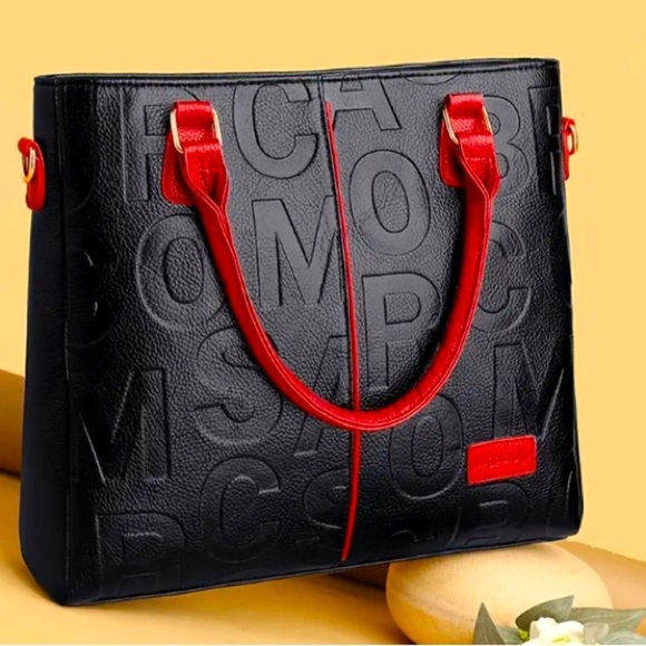 Black/Red Colorblock Geometric Embossed Lettering Crossbody Tote, NWOT - Picture 7 of 12